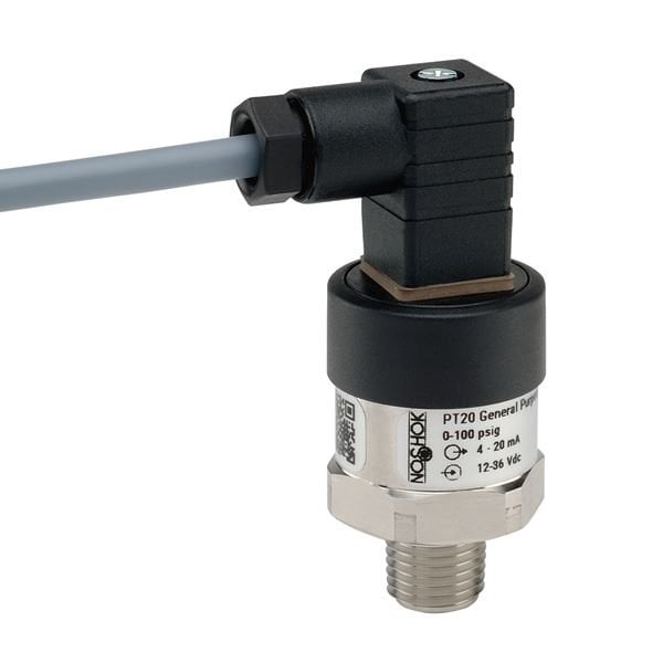 Noshok Pressure Transmitter, 0-2000 psi gauge, 0 Vdc to 5 Vdc, 3-wire, 1/4 NPT male, DIN form C with 3 ft PT20-2000psig-1-2-2-17 - main